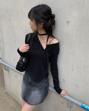 Dinto Muffler Unbalance Cardigan Set